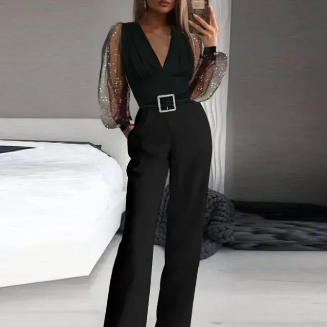 Women's fashionable sexy jumpsuit with V-neckline, shimmering semi-transparent mesh, wide legs and pockets