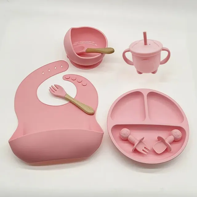 Silicone dining set for children 8 pcs with suction cup - bowl, teaspoon, fork, cup, split plate