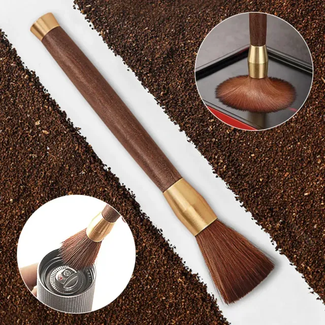 Brush for cleaning coffee from a grinder with wooden handle