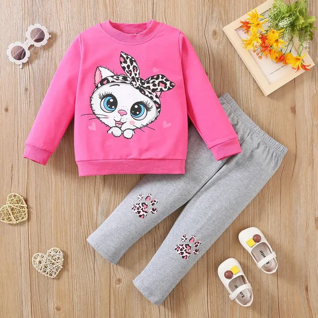 Children's two-piece cotton pajamas with long sleeve and a cat with big eyes for girls