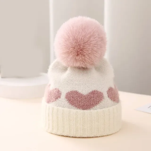 Cappello invernale per neonati con pompon di pelliccia e stampa di cuori - cappello rosa lavorato a maglia per neonati, bambini e bambine