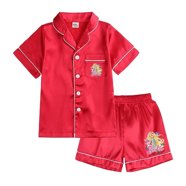 Girl modern two-piece pajamas made of shiny material with Barbie motif