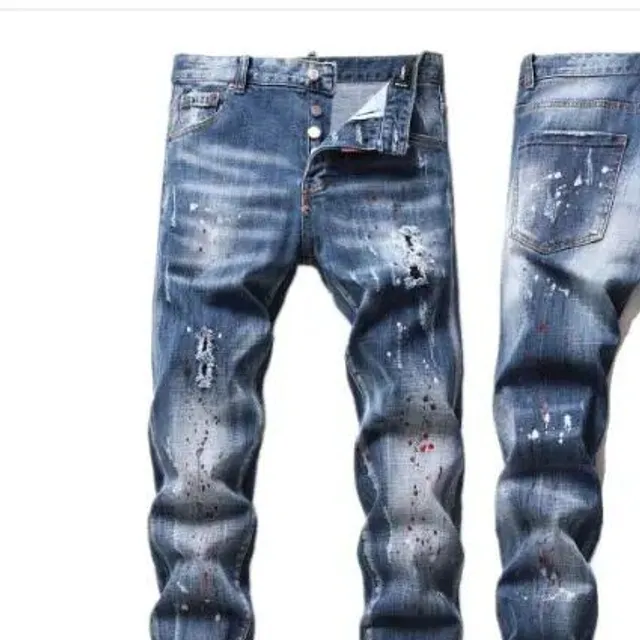 Men's blue skinny jeans with holes in Italian style - high quality men's slim fit jeans