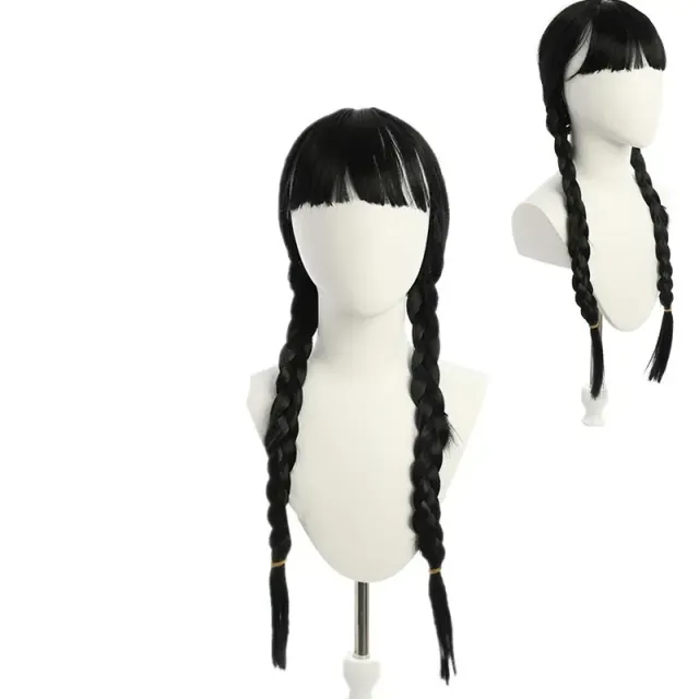 Children's long black double knitted wigs Wednesday for girls 3-10 years old