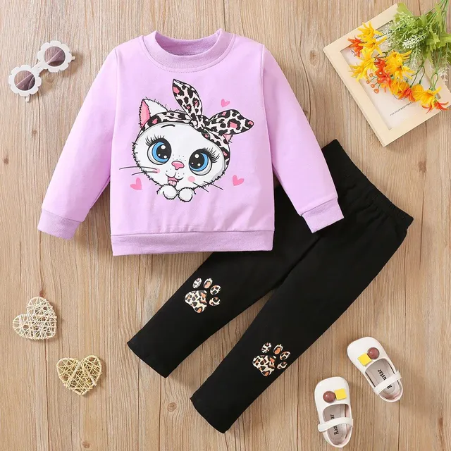 Children's two-piece cotton pajamas with long sleeve and a cat with big eyes for girls