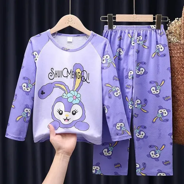 Girls' pajamas with cartoon pattern, round neckline and long sleeve