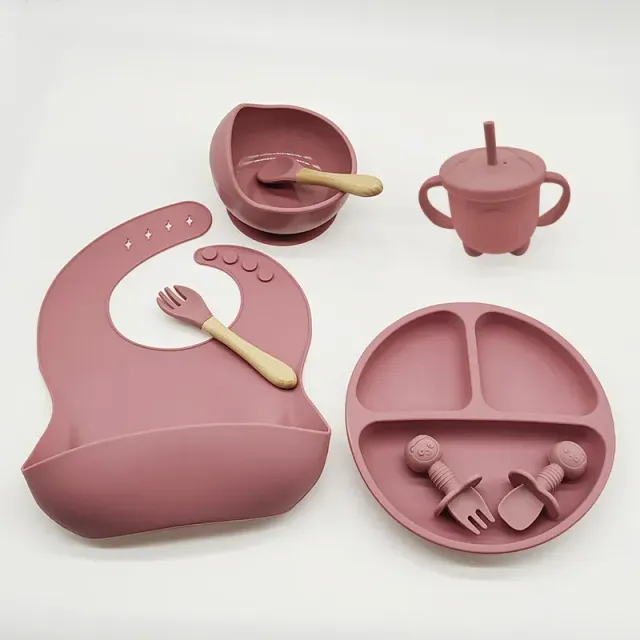 Silicone dining set for children 8 pcs with suction cup - bowl, teaspoon, fork, cup, split plate