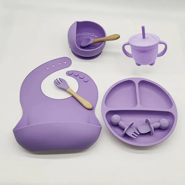 Silicone dining set for children 8 pcs with suction cup - bowl, teaspoon, fork, cup, split plate