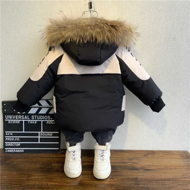 Warm winter jacket for boys with fur collar and hood made of cotton and velvet, 2023