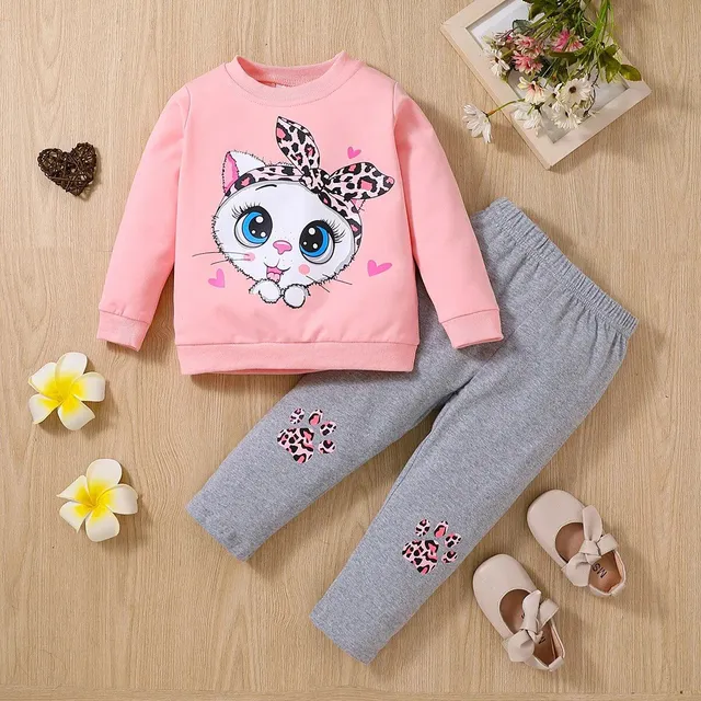 Children's two-piece cotton pajamas with long sleeve and a cat with big eyes for girls