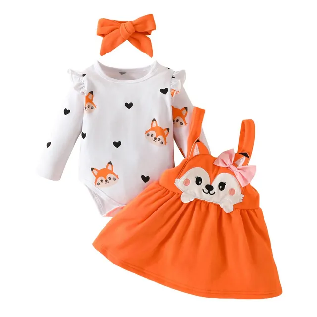 Îmbrăcăminte de toamnă pentru fetițe cu model drăguț de animale, combinezoane cu mâneci lungi și fustă cu bretele și bentită