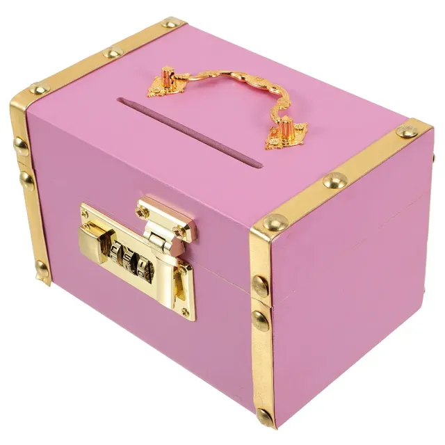 Modern wooden cash box for coins and banknotes - pink version, gold details, with code