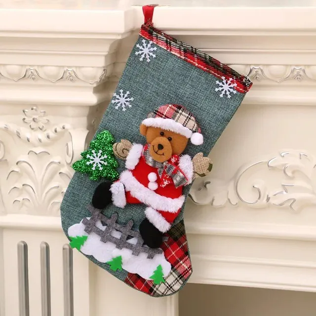 1 pc Christmas stocking with print Snowman, Santa Claus, Elka or Bear
