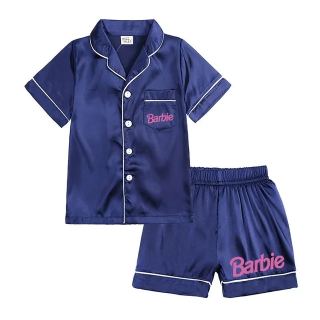 Pijama modernă pentru fete, formată din două piese, din material lucios, cu motivul Barbie