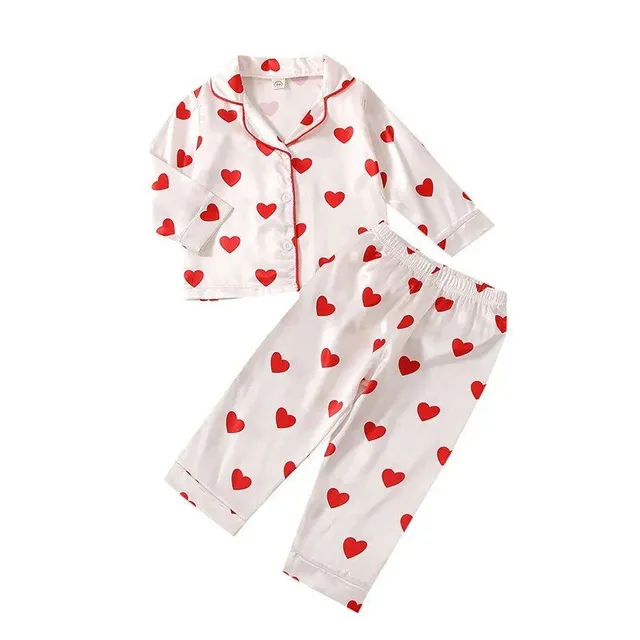 Children's Pajama Set with Heart Printing - Long Sleeve, Button Clamping, Top and Pants - Children's Homewear, Nightwear