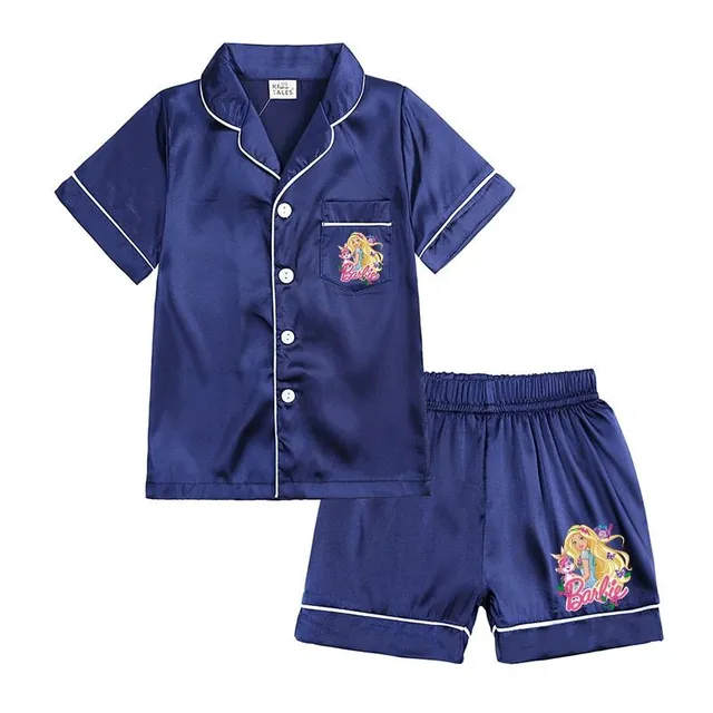 Girl modern two-piece pajamas made of shiny material with Barbie motif