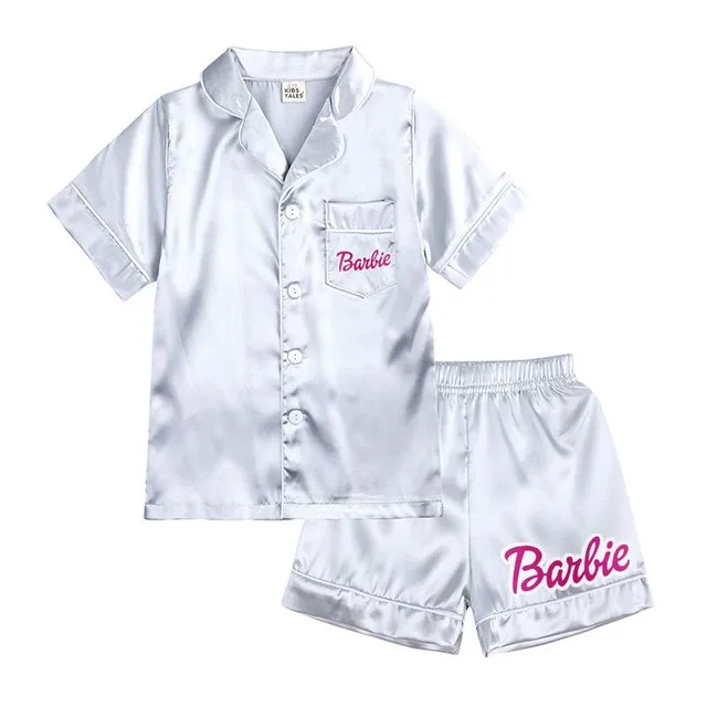 Pijama modernă pentru fete, formată din două piese, din material lucios, cu motivul Barbie