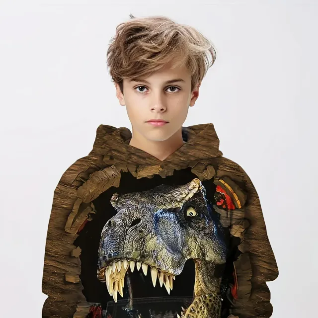 Sweat à capuche 3D pour enfants avec motif dinosaure - manches longues tendance, vêtements pour garçons pour le printemps, l'automne et l'hiver