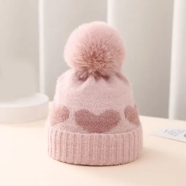 Cappello invernale per neonati con pompon di pelliccia e stampa di cuori - cappello rosa lavorato a maglia per neonati, bambini e bambine