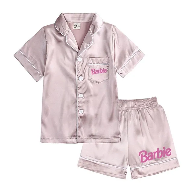 Girl modern two-piece pajamas made of shiny material with Barbie motif