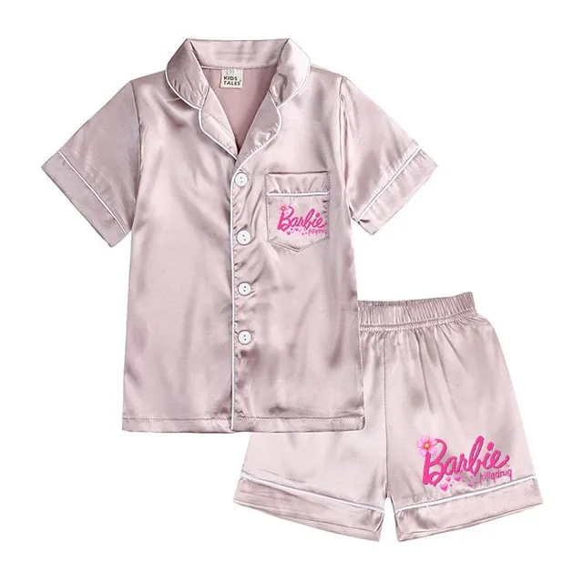 Pijama modernă pentru fete, formată din două piese, din material lucios, cu motivul Barbie