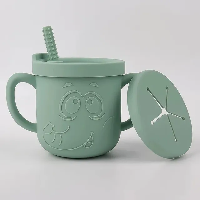 Baby silicone mug for snack and drink with 2 lids and cute elephant design