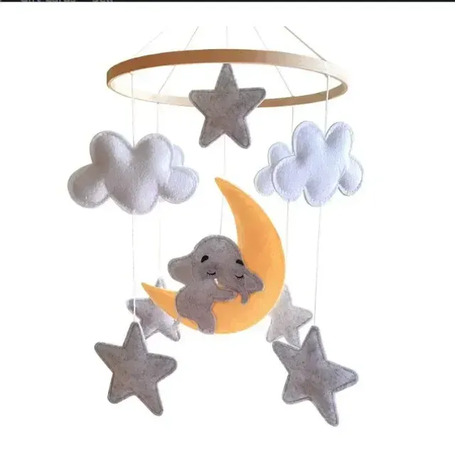 Wooden children's rattle with soft felt motif teddy bear, cloud, stars and moons