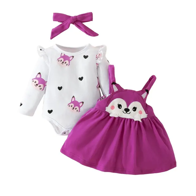 Îmbrăcăminte de toamnă pentru fetițe cu model drăguț de animale, combinezoane cu mâneci lungi și fustă cu bretele și bentită