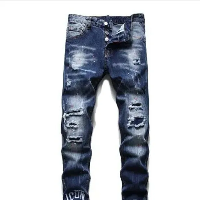 Men's blue skinny jeans with holes in Italian style - high quality men's slim fit jeans