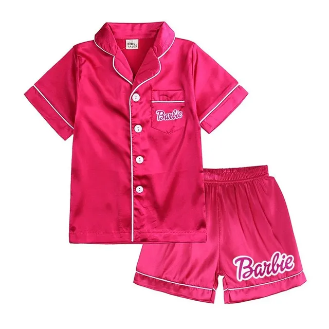 Girl modern two-piece pajamas made of shiny material with Barbie motif