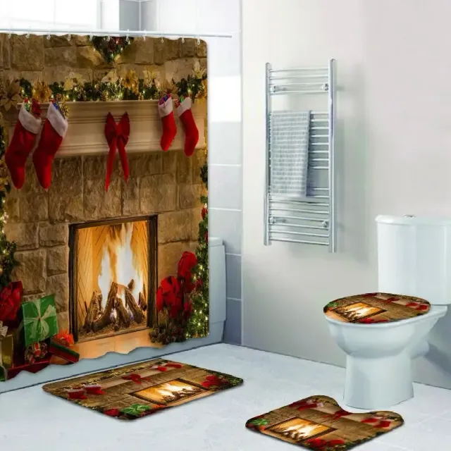 3D Christmas shower curtain and bathroom mat