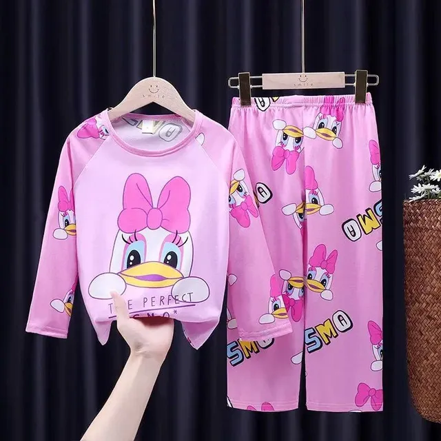 Girls' pajamas with cartoon pattern, round neckline and long sleeve