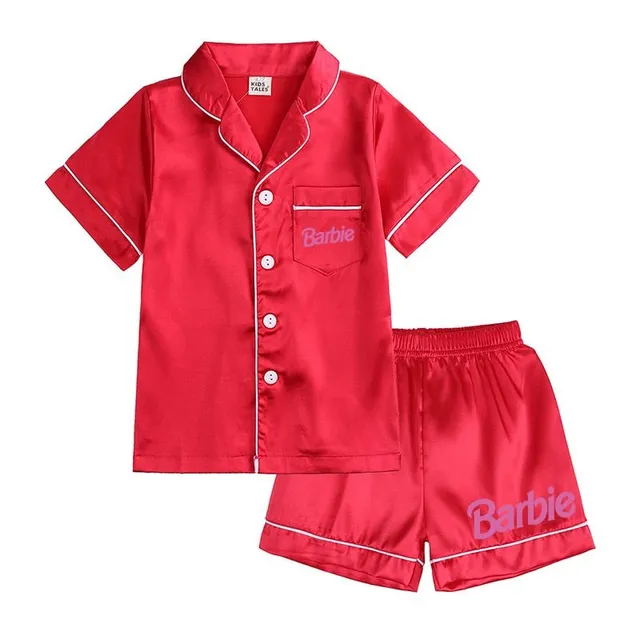 Pijama modernă pentru fete, formată din două piese, din material lucios, cu motivul Barbie