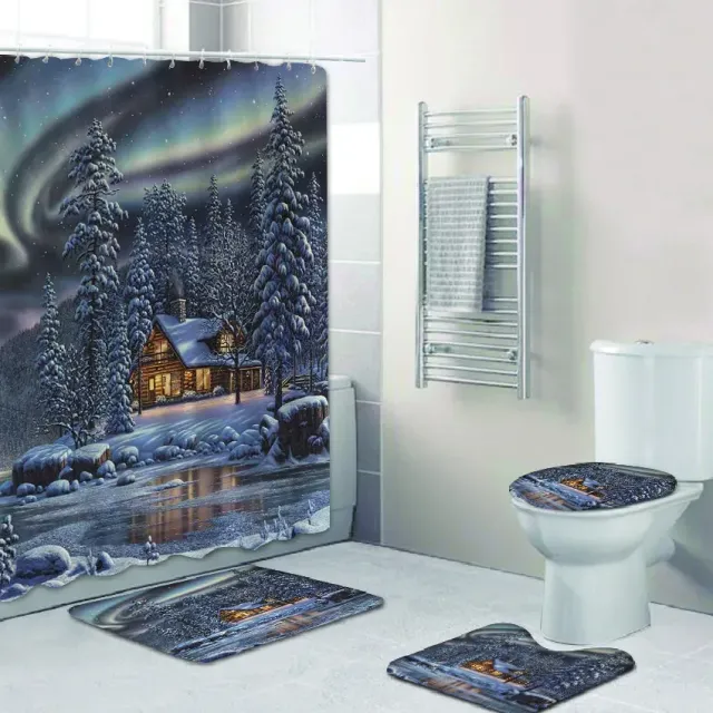 3D Christmas shower curtain and bathroom mat