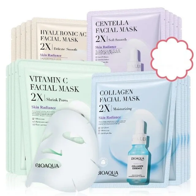 Set de măști faciale de unică folosință 4 tipuri: mască cu colagen, mască cu Centella Asiatica, cu vitamina C și cu acid hialuronic 20 bucăți