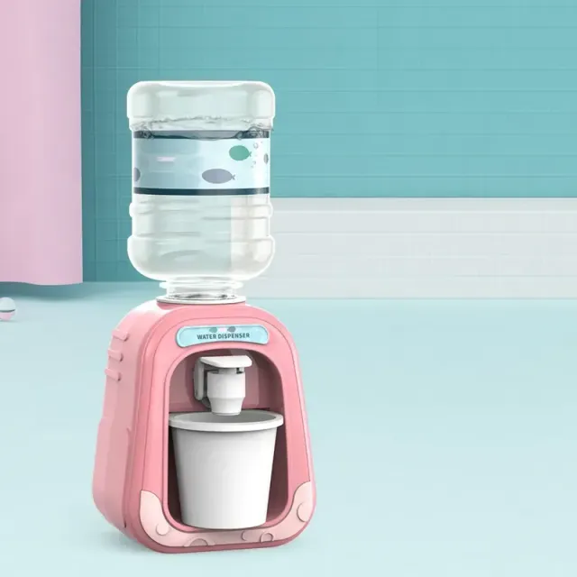 Mini water dispenser for children with cute motif for simulation of cold/hot water