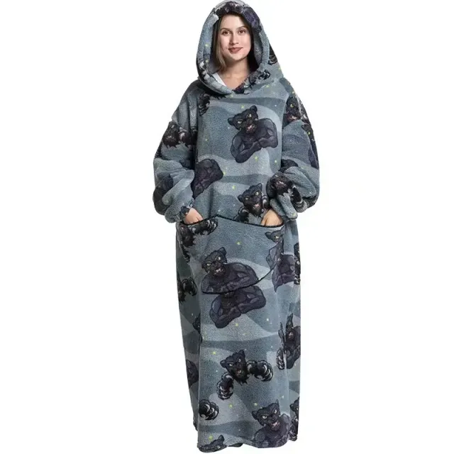 Unisex practical and comfortable TV flannel blanket with hood, pockets, sleeves and cute motif