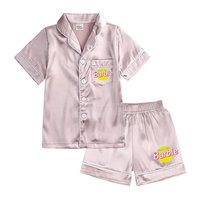 Pijama modernă pentru fete, formată din două piese, din material lucios, cu motivul Barbie