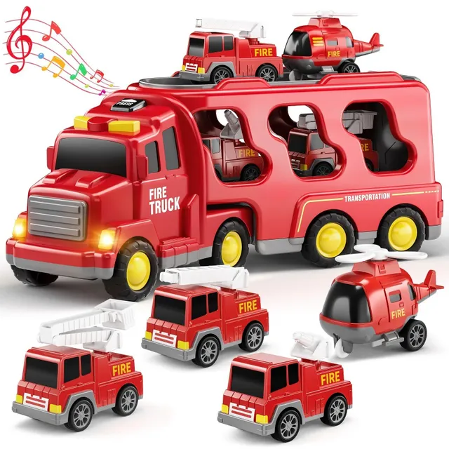 Mașină de pompieri pentru copii, pentru băieți și fete - transportor 5 în 1 pentru camioane, mașini de transport ale pompierilor, pentru copii