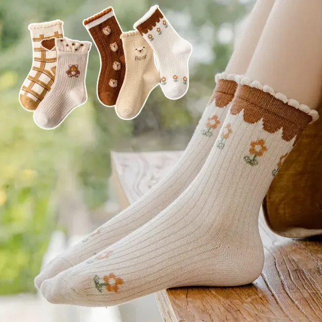 5 pairs of soft baby cotton socks with cute print for girls in autumn and winter