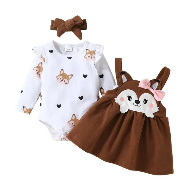 Children's Autumn Clothes Cute Animal Pattern Long Sleeves Rompers and Skirts With Headband Autumn Outfits