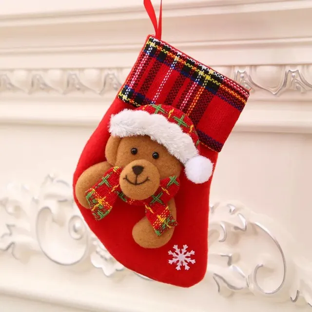 1 pc Christmas stocking with print Snowman, Santa Claus, Elka or Bear