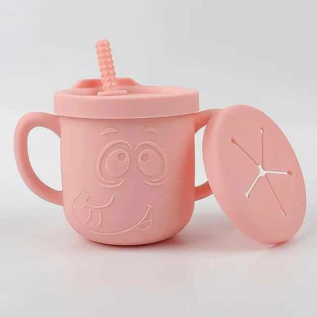 Baby silicone mug for snack and drink with 2 lids and cute elephant design