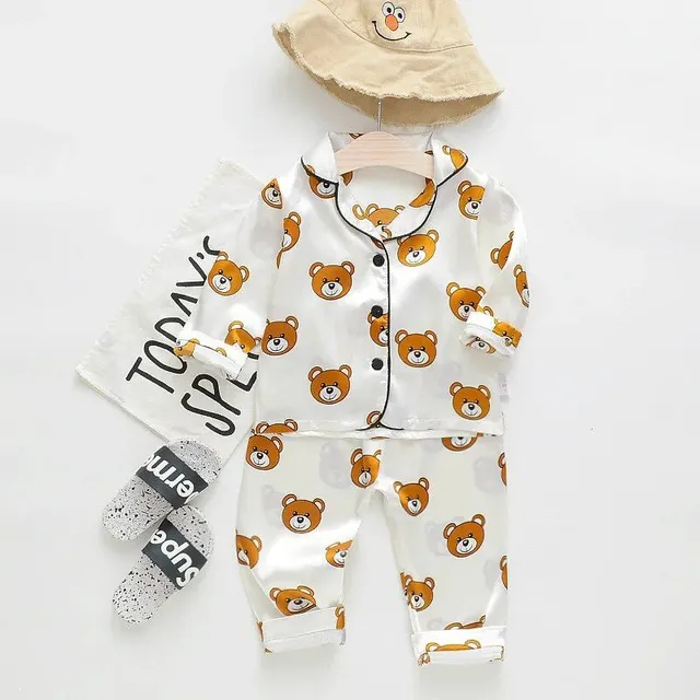 Baby satin pajama set with motif teddy bear - spring and autumn