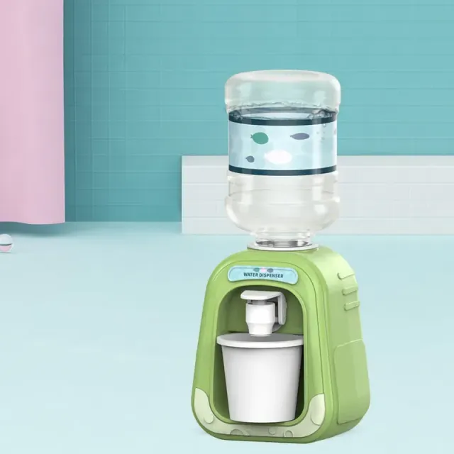 Mini water dispenser for children with cute motif for simulation of cold/hot water