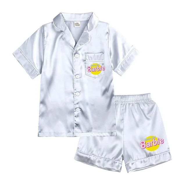 Girl modern two-piece pajamas made of shiny material with Barbie motif