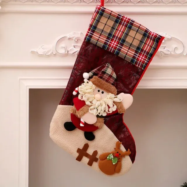 1 pc Christmas stocking with print Snowman, Santa Claus, Elka or Bear