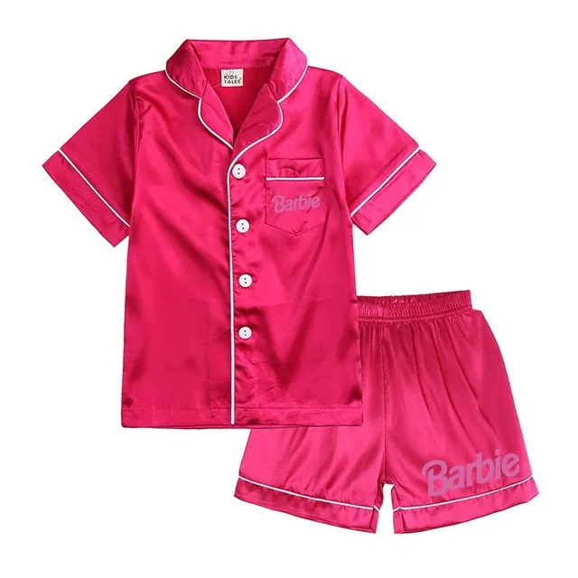 Girl modern two-piece pajamas made of shiny material with Barbie motif