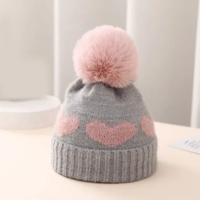 Cappello invernale per neonati con pompon di pelliccia e stampa di cuori - cappello rosa lavorato a maglia per neonati, bambini e bambine