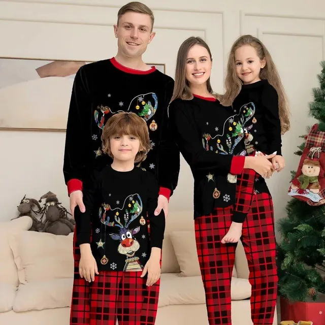 Christmas family pajamas with deer printing - matching pajama sets for parents and children